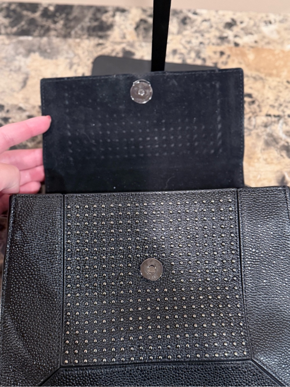 Henri Bendel Black Pebbled Leather Studded Crossbody / Clutch - Picture 9 of 11